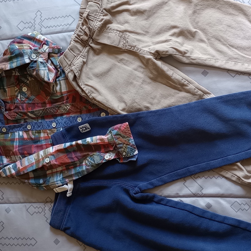 Boys Size 5 Button Shirt and Two Size 5 Cargo and Jogger Pants.